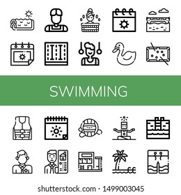 Set of swimming icons such as Swimming pool, Summer, Athlete, Sauna, Gymnast, Swan, Banana boat, Pool, Life jacket, Lifeguard, Real estate, Waterpolo, Yoga, Swimwear , swimming