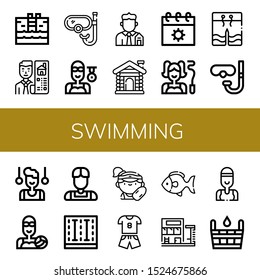 Set of swimming icons. Such as Swimming pool, Real estate, Snorkel, Swimmer, Sauna, Summer, Gymnast, Swimwear, Diving glasses, Water polo, Athlete, Lifeguard , swimming icons