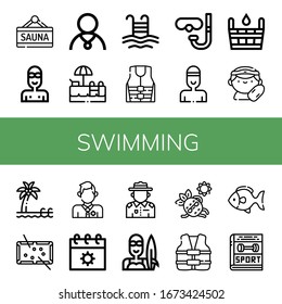 Set of swimming icons. Such as Sauna, Swimmer, Athlete, Swimming pool, Pool, Life jacket, Diving glasses, Lifeguard, Summer, Ranger, Surfer, Sunbathing, Life vest , swimming icons