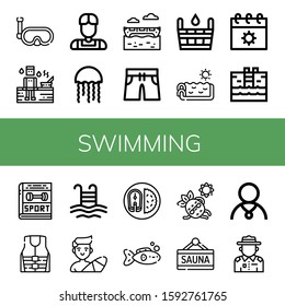 Set of swimming icons. Such as Snorkel, Sauna, Athlete, Jellyfish, Banana boat, Swimming trunks, Swimming pool, Summer, Sport, Life jacket, Pool, Surfer, Fish , icons