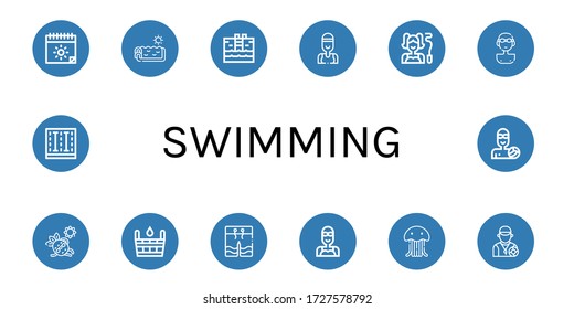 Set of swimming icons. Such as Summer, Swimming pool, Swimmer, Gymnast, Sunbathing, Sauna, Swimwear, Jellyfish, Lifeguard, Waterpolo , swimming icons