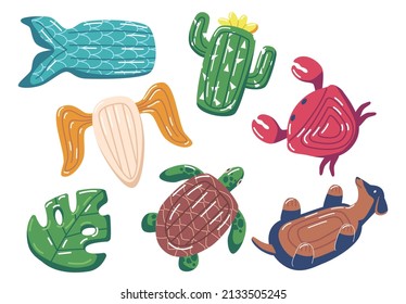 Set Swimming Mattresses or Rings Icons. Rubber Floating Lifesaver in Form of Donut, Eggplant, Watermelon, Pizza and Leaf, Turtle, Dachshund Dog, Cactus and Crab with Whale. Cartoon Vector Illustration