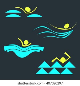 Set of swimming person silhouettes. Collection of Vector abstract swimming pool icon and logo templates. 