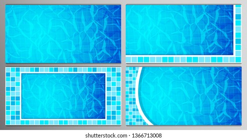 Set of Swimming pool bottom caustics ripple and flow with waves backgrounds. Texture of water surface. Overhead view. Vector illustration