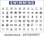 Set of swimming and pool Icons line style. Contains such Icons as diving, summer, beach activity, swimsuit, bikini, trunks, swimming cap, glasses, flippers, swim And Other Elements.