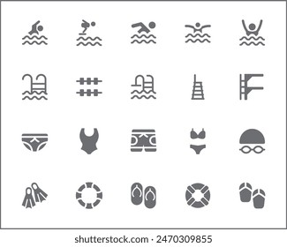 Set of swimming and pool Icons line style. Contains such Icons as diving, summer, beach activity, swimsuit, bikini, trunks, swimming cap, glasses, flippers, swim And Other Elements.