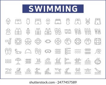 Set of swimming and pool Icons line style. Contains such Icons as diving, summer, beach activity, swimsuit, bikini, trunks, swimming cap, glasses, flippers, swim And Other Elements.