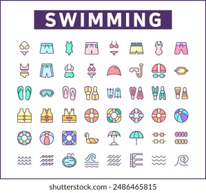 Conjunto de piscina y piscina Iconos estilo línea. Contiene tales iconos como buceo, verano, actividad en la playa, traje de baño, bikini, baúles, gorra de natación, gafas, aletas, natación y otros Elementos.