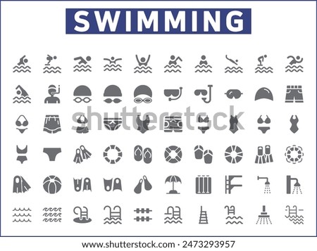 Set of swimming and pool Icons line style. Contains such Icons as diving, summer, beach activity, swimsuit, bikini, trunks, swimming cap, glasses, flippers, swim And Other Elements.