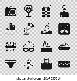 Set Swimming pool, Jet ski, Paddle, Aqualung, Kitesurfing, Winner podium, Photo camera and Surfboard icon. Vector