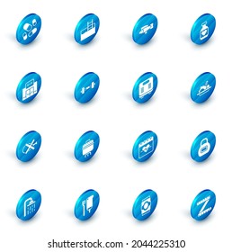 Set Swimming pool with ladder, Fish, Vitamin pill, Gym building, No meat, Dumbbell, Healthy food and Bathroom scales icon. Vector