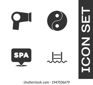 Set Swimming pool with ladder, Hair dryer, Spa salon and Yin Yang icon. Vector