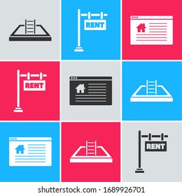 Set Swimming pool with ladder, Hanging sign with text Rent and Hanging sign with text Online Sale icon. Vector
