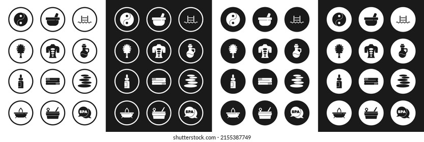 Set Swimming pool with ladder, Massage stone therapy, Sauna broom, Yin Yang, Essential oil bottle, Mortar and pestle, Stack hot stones and  icon. Vector