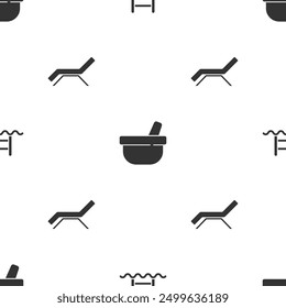 Set Swimming pool with ladder, Mortar and pestle and Sunbed umbrella on seamless pattern. Vector