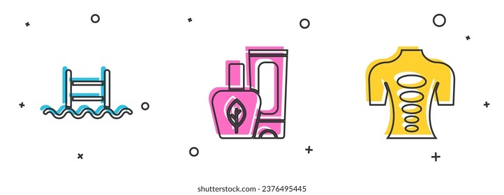 Set Swimming pool with ladder, Ointment cream tube and Massage stone therapy icon. Vector
