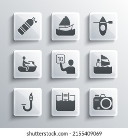 Set Swimming pool with ladder, Photo camera, Windsurfing, Assessment of judges, Snorkel, Jet ski, Aqualung and Kayak and paddle icon. Vector