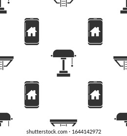 Piscina con escalera, lámpara de mesa y teléfono móvil con un hogar inteligente en un patrón impecable. Vector