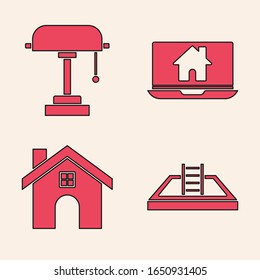Piscina con escalera, lámpara de mesa, portátil e inteligente hogar e icono de la Casa. Vector