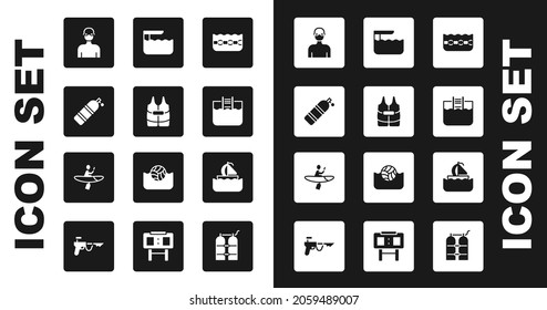 Set Swimming pool, Life jacket, Aqualung, Swimmer, with ladder, Diving board or springboard, Yacht sailboat and Kayak and paddle icon. Vector