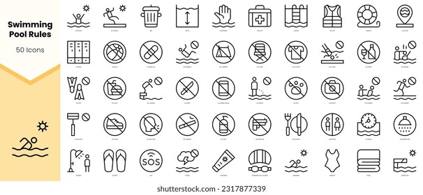 Set of swimming pool rules Icons. Simple line art style icons pack. Vector illustration