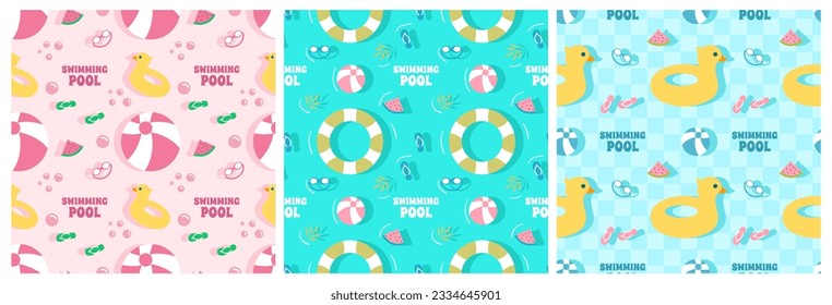 Set of Swimming Pool Seamless Pattern Vector Illustration with Summer Vacation Element in Flat Cartoon Template Hand Drawn