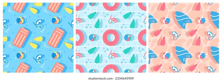 Set of Swimming Pool Seamless Pattern Vector Illustration with Summer Vacation Element in Flat Cartoon Template Hand Drawn