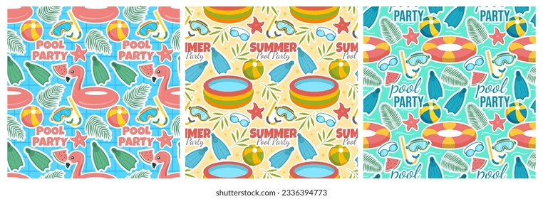 Set of Swimming Pool Seamless Pattern Vector Illustration with Summer Vacation Element in Flat Cartoon Template Hand Drawn