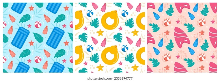 Set of Swimming Pool Seamless Pattern Vector Illustration with Summer Vacation Element in Flat Cartoon Template Hand Drawn