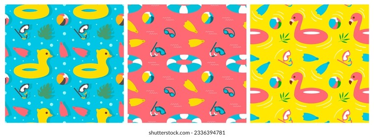 Set of Swimming Pool Seamless Pattern Vector Illustration with Summer Vacation Element in Flat Cartoon Template Hand Drawn