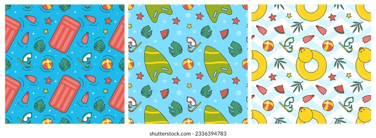 Set of Swimming Pool Seamless Pattern Vector Illustration with Summer Vacation Element in Flat Cartoon Template Hand Drawn