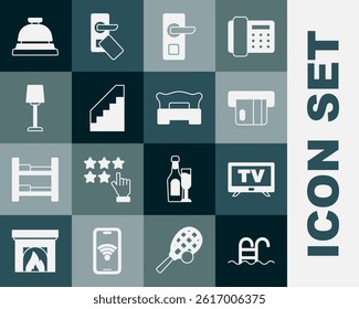 Set Swimming pool, Smart Tv, Credit card, Digital door lock, Stairs, Table lamp, Hotel service bell and Bedroom icon. Vector