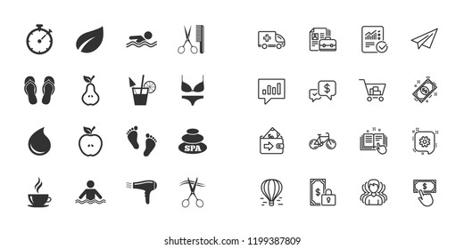 Set of Swimming pool, Spa and Hairdressing icons. Coffee, Cocktail and Apple signs. Water drop, Scissors and Hairdryer symbols. Paper plane, report and shopping cart icons. Group of people. Vector