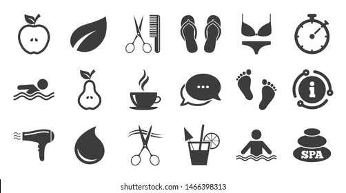 Set of Swimming pool, Spa and Hairdressing icons. Information, chat bubble icon. Coffee, Cocktail and Apple signs. Water drop, Scissors and Hairdryer symbols. Quality set. Vector