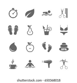 Set of Swimming pool, Spa and Hairdressing icons. Coffee, Cocktail and Apple signs. Water drop, Scissors and Hairdryer symbols. Isolated flat icons set on white background. Vector