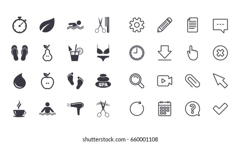 Set of Swimming pool, Spa and Hairdressing icons. Coffee, Cocktail and Apple signs. Water drop, Scissors and Hairdryer symbols. Calendar, Document and Download line signs. Vector