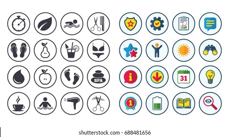 Set of Swimming pool, Spa and Hairdressing icons. Coffee, Cocktail and Apple signs. Water drop, Scissors and Hairdryer symbols. Calendar, Report and Book signs. Stars, Service and Download icons