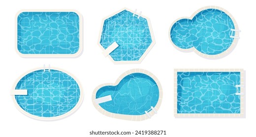 Set Swimming pool top view in cartoon style isolated on white background. Water texture, detailed and bright. Outdoor, landscape.