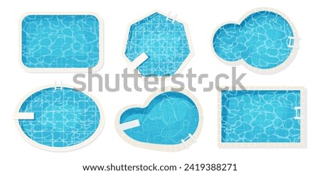 Set Swimming pool top view in cartoon style isolated on white background. Water texture, detailed and bright. Outdoor, landscape.