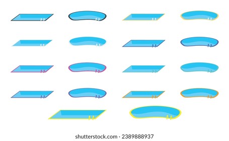 conjunto de piscinas de diferentes colores aisladas de fondo blanco