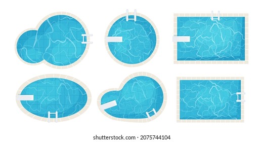 Set swimming pools of different shapes top view in cartoon style isolated on white background. Water texture, vacation  - Shutterstock ID 2075744104