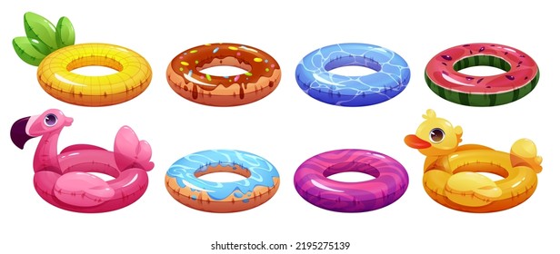 Set of swimming rings, inflatable rubber flamingo, duck, pineapple, donut and watermelon colorful stylish modern accessories for children and adults. Cartoon inner tubes collection vector