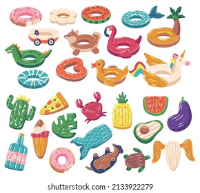 Set of Swimming Rings and Mattresses. Funny Flamingo, Unicorn and Duck Floating Summer Pool Toys. Inflatable Rubber Watermelon, Cactus, Donut, Pizza and Crab or Pineapple. Cartoon Vector Illustration