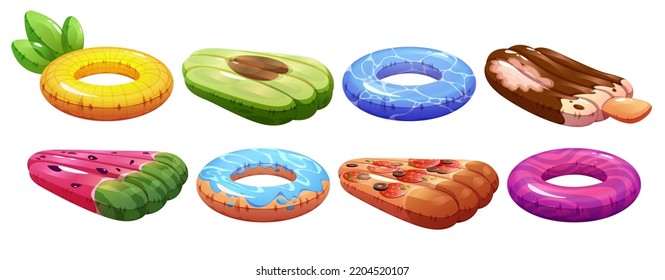 Set of swimming rings and mattresses, inflatable rubber pineapple, donut, ice cream, avocado, pizza and watermelon colorful stylish accessories for children and adults, Cartoon vector illustration