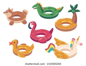 Set Swimming Rings, Rubber Colorful Inflatable Stylish Modern Accessories for Children and Adults. Pink Flamingo, Rainbow Unicorn, Dog, Dragon, Palm and Duck Inner Tubes. Cartoon Vector Illustration