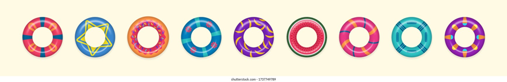 Set of swimming rings. Summer, water and beach theme. Summer vacation or trip safety. Lifebuoy colorful collection. Vector illustration in flat design, EPS 10.