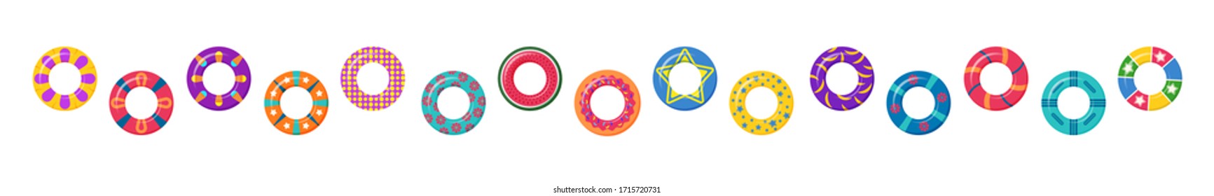 Set of swimming rings. Swim rings set on white background. Lifebuoy colorful collection. Summer, water and beach theme. Summer vacation or trip safety. Vector illustration in flat design, EPS 10.
