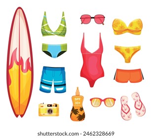 Set for swimming and surf and hiking. Swimsuit, surfboard, camera, beach flip-flops, sunglasses, sun protection. Vector illustration. Cartoon style. Summer, sea, beach. Holidays and travel. Vacation