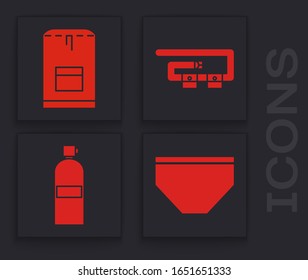 Set Swimming trunks, Backpack, Diving belt and Aqualung icon. Vector