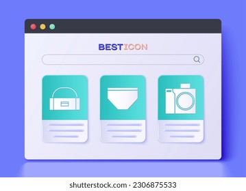 Set Swimming trunks, Case or box container for wobbler and Photo camera for diver icon. Vector